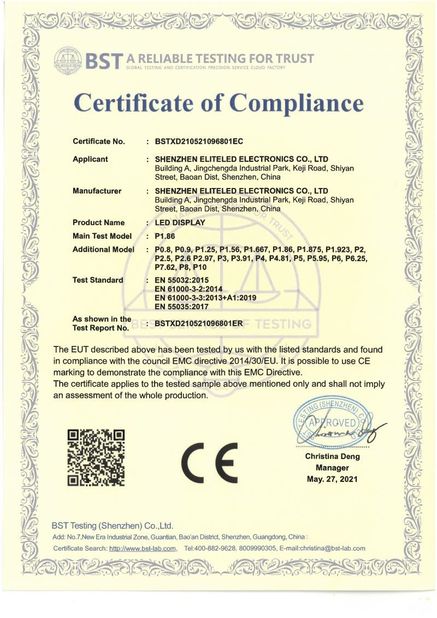 Çin Shenzhen EliteLED Electronics Co.,Ltd Sertifikalar